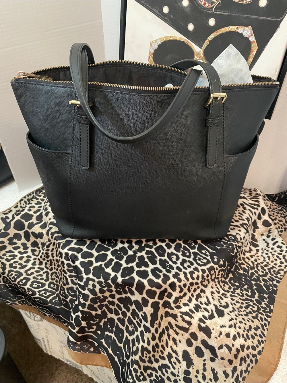 Michael Kors Black Leather Logo Tote with Gold Hardware - Picture 4 of 13